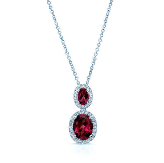 Pink Tourmaline, Rhodolite Garnet And Diamond Oval Stacked Halo Pendant In 14k White Gold