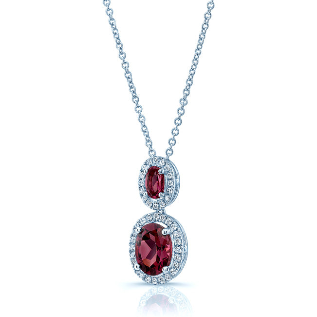 Pink Tourmaline, Rhodolite Garnet And Diamond Oval Stacked Halo Pendant In 14k White Gold