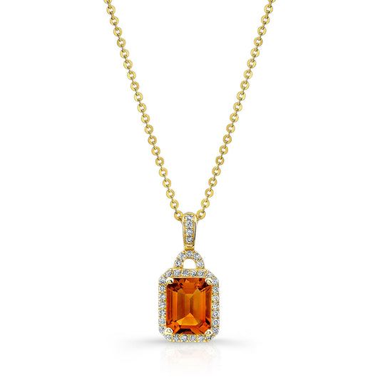 Citrine And Diamond Octagon Pendant In 14k Yellow Gold (18-in Curb Chain)