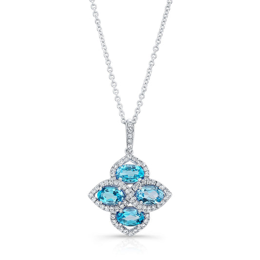 Blue Topaz And Diamond Oval Cluster Flower Pendant In 14k White Gold (6x4mm)