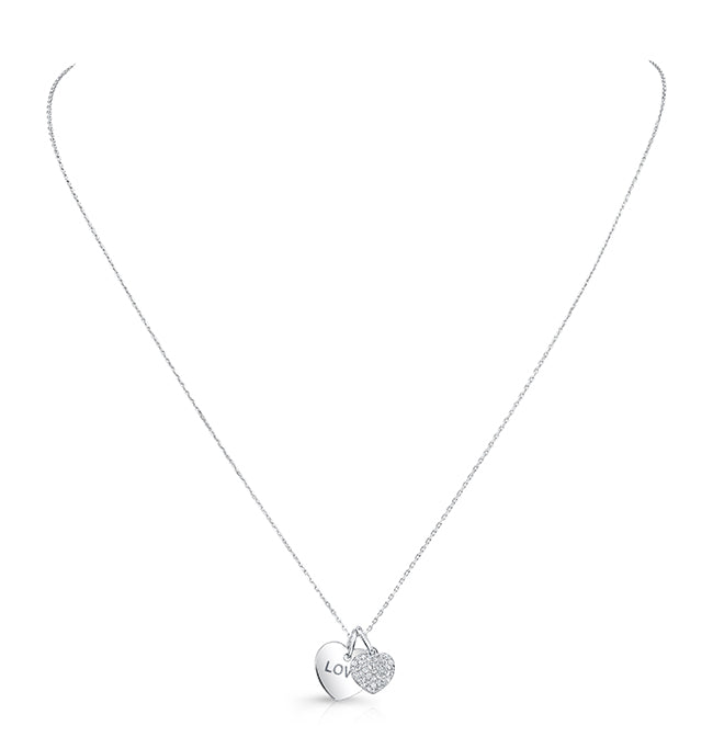 Diamond Double Heart Dangle Pendant In 14k White Gold (17 In Curb Chain)