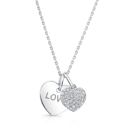 Diamond Double Heart Dangle Pendant In 14k White Gold (18 In Curb Chain)
