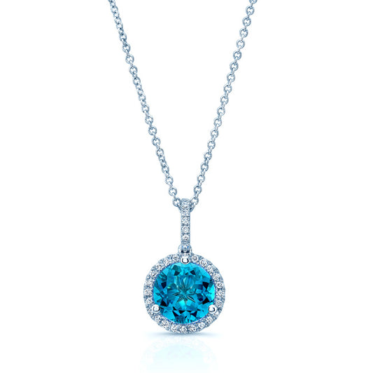 Blue Topaz And Diamond Martini-set Round Halo Pendant In 14k White Gold
