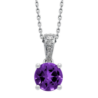 Amethyst And Diamond Round Dangle Pendant In 14kw, 18 Inch Chain