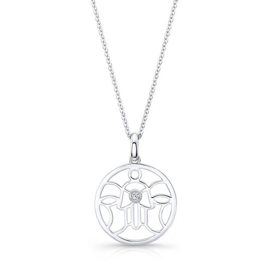 Diamond Khamsa Circle Pendant In 14k White Gold