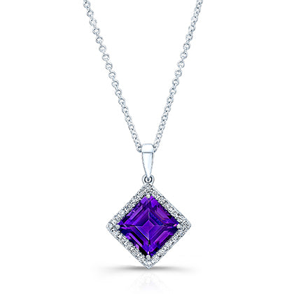 Amethyst Square And Diamond Pendant In 14k White Gold