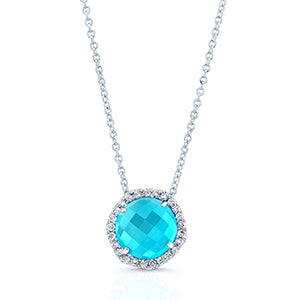 11mm Round Swiss Blue Topaz & Diamond Pendant In 14kw Gold