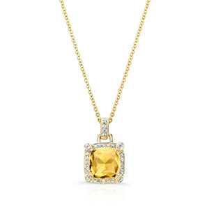 Citrine Cushion And Pave Diamond Pendant In 14k Yellow Gold (9mm)