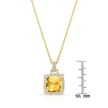 Citrine Cushion And Pave Diamond Pendant In 14k Yellow Gold (9mm)