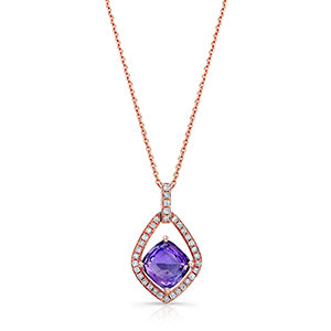 Amethyst And Diamond Cushion Center With Kite Frame Pendant In 14k Rose Gold