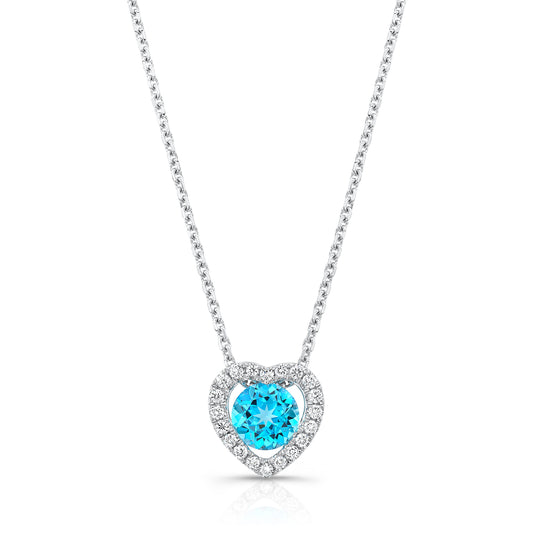 Blue Topaz Diamond Heart Frame Pendant In 14k White Gold (17-in Curb Chain)