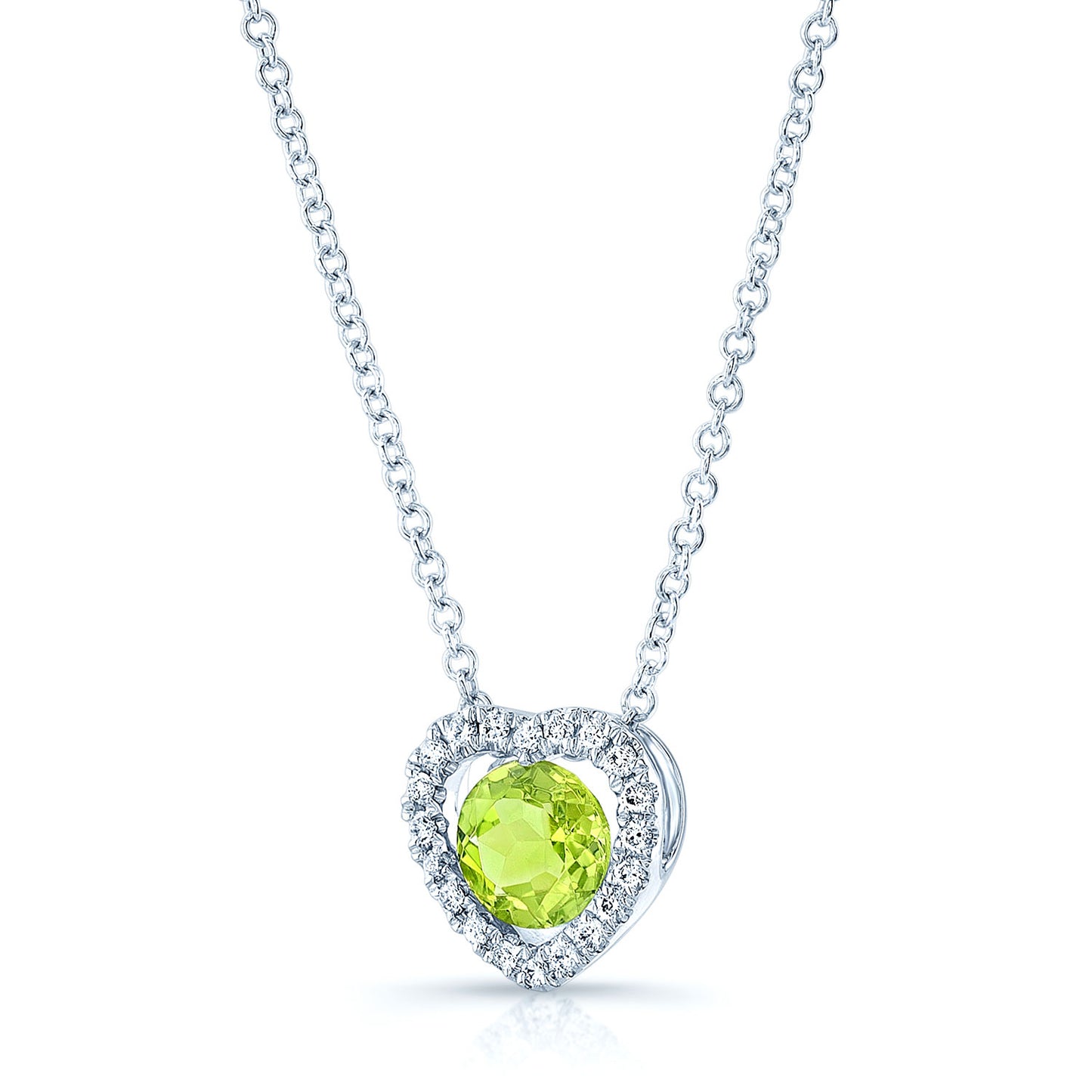 Peridot Diamond Heart Frame Pendant In 14k White Gold (17-in Baby Cable Chain)