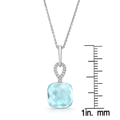 Blue Topaz And Diamond Cushion Drop Pendant In 14k White Gold (18-in Curb Chain)