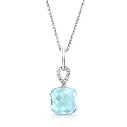 Blue Topaz And Diamond Cushion Drop Pendant In 14k White Gold (18-in Curb Chain)
