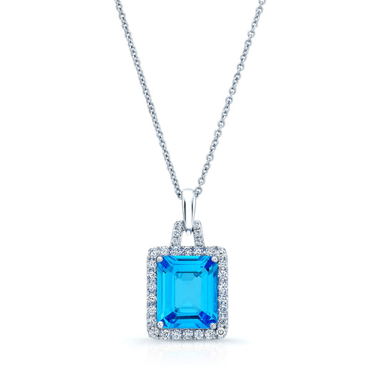 Swiss Blue Topaz And Diamond Halo Pendant With Trapezoid Bail In 14k White Gold