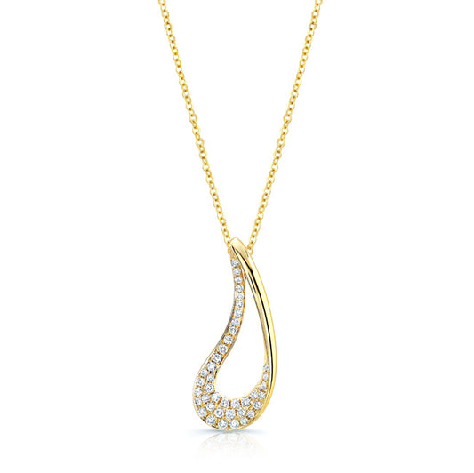 Diamond Pave Curved Open Tear Drop Pendant In 18k Yellow Gold (18-inch)