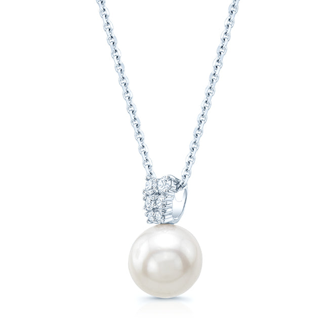 White Cultured Akoya Pearl Pendant With Diamond Prong-set Tapered Bail In 14k White Gold