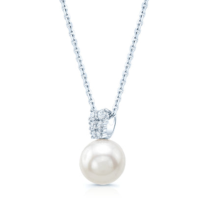 White Cultured Akoya Pearl Pendant With Diamond Prong-set Tapered Bail In 14k White Gold