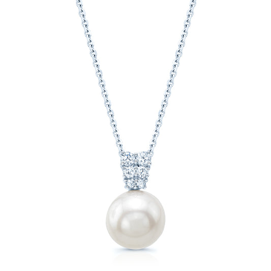 White Cultured Akoya Pearl Pendant With Diamond Prong-set Tapered Bail In 14k White Gold