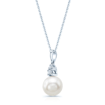 Pearl And Diamond Drop Pendant In 14k White Gold 17in Curb Chain