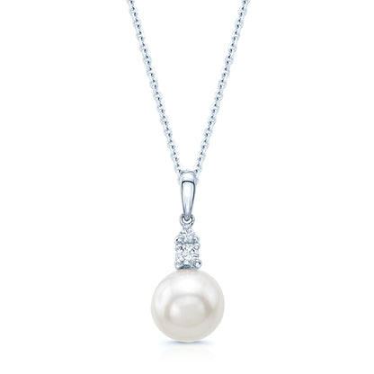Pearl And Diamond Drop Pendant In 14k White Gold 17in Curb Chain
