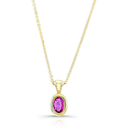 Pink Saphire Oval Bezel Solitaire Pendant In 14k Yellow Gold (18 Inch Rolo Chain)