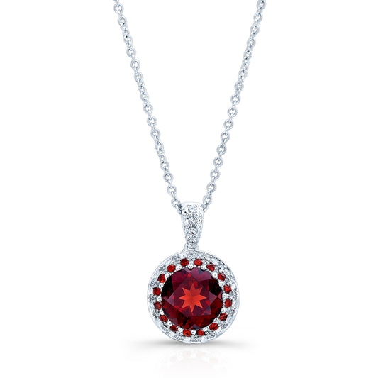 Garnet, Orange Sapphire And Diamond Halo Pendant In 14k White Gold