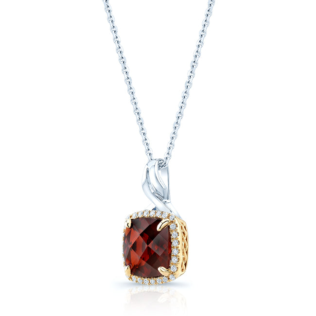 Garnet & Diamond Pendant In14k White & Yellow Gold