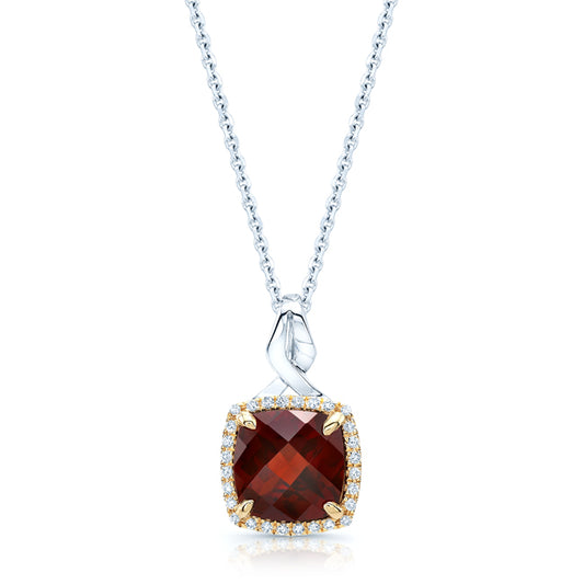 Garnet & Diamond Pendant In14k White & Yellow Gold