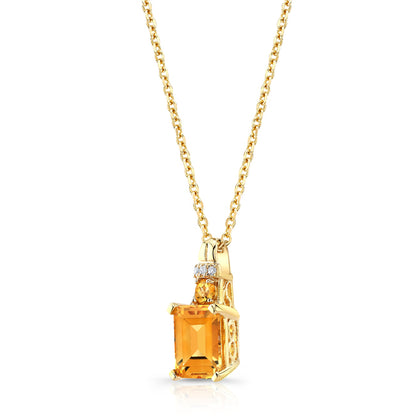 Citrine And Diamond Emerald Cut Pendant In 14k Yellow Gold (18-in Curb Chain)