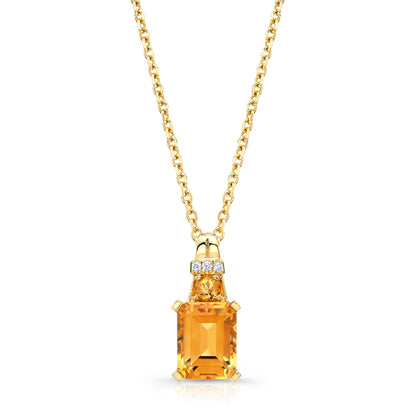 Citrine And Diamond Emerald Cut Pendant In 14k Yellow Gold (18-in Curb Chain)