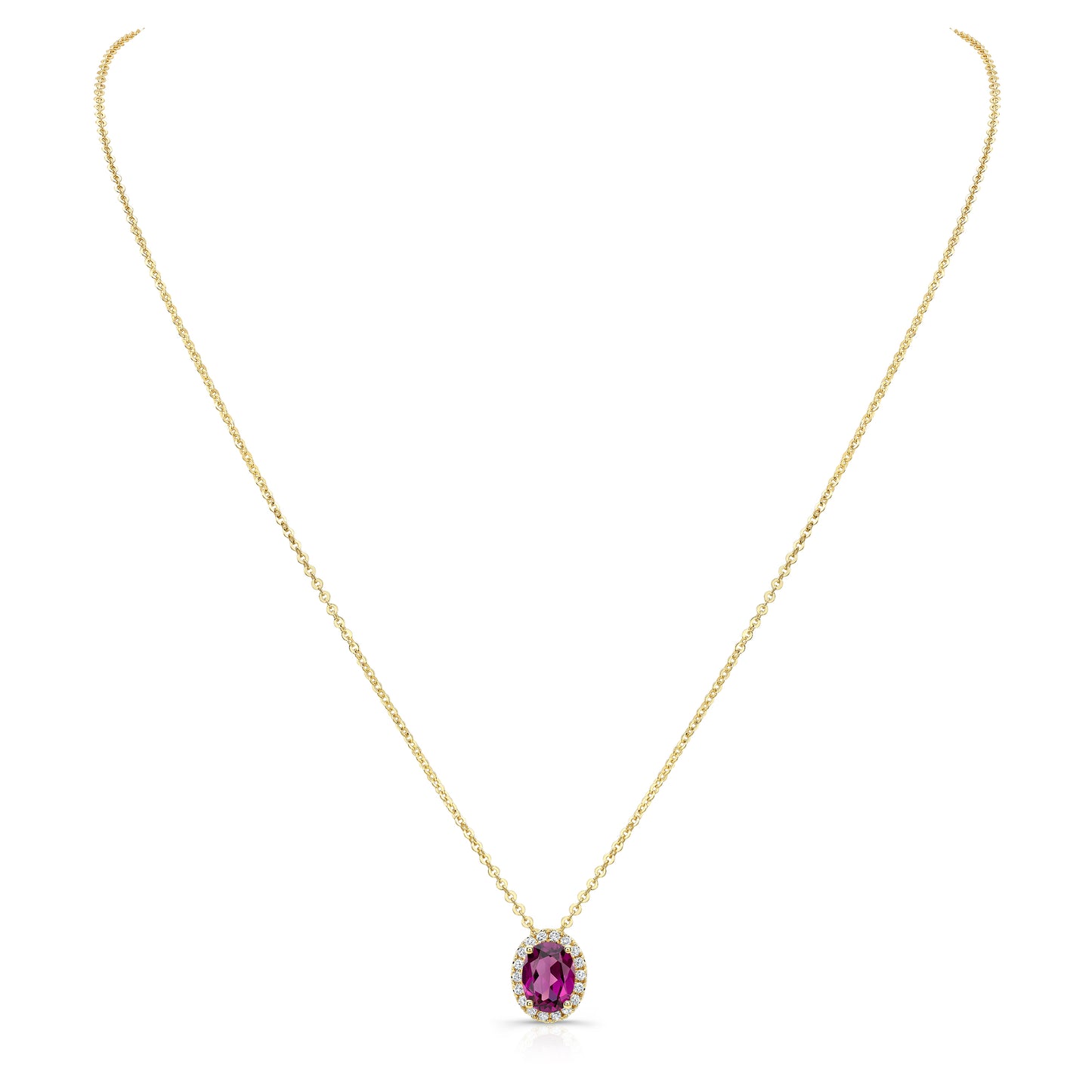 Rhodolite Garnet And Diamond Oval Halo Slide Pendant In 14k Yellow Gold (8x6mm Center)