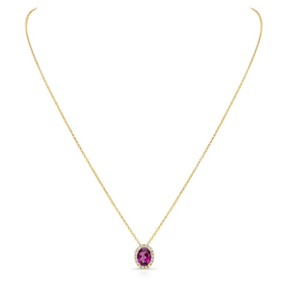 Rhodolite Garnet And Diamond Oval Halo Slide Pendant In 14k Yellow Gold (8x6mm Center)