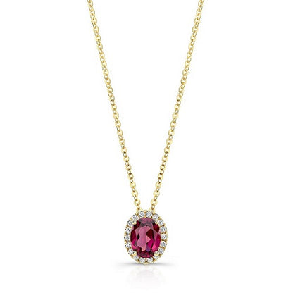 Rhodolite Garnet And Diamond Oval Halo Slide Pendant In 14k Yellow Gold (8x6mm Center)