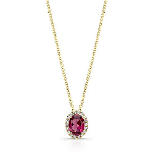 Rhodolite Garnet And Diamond Oval Halo Slide Pendant In 14k Yellow Gold (8x6mm Center)