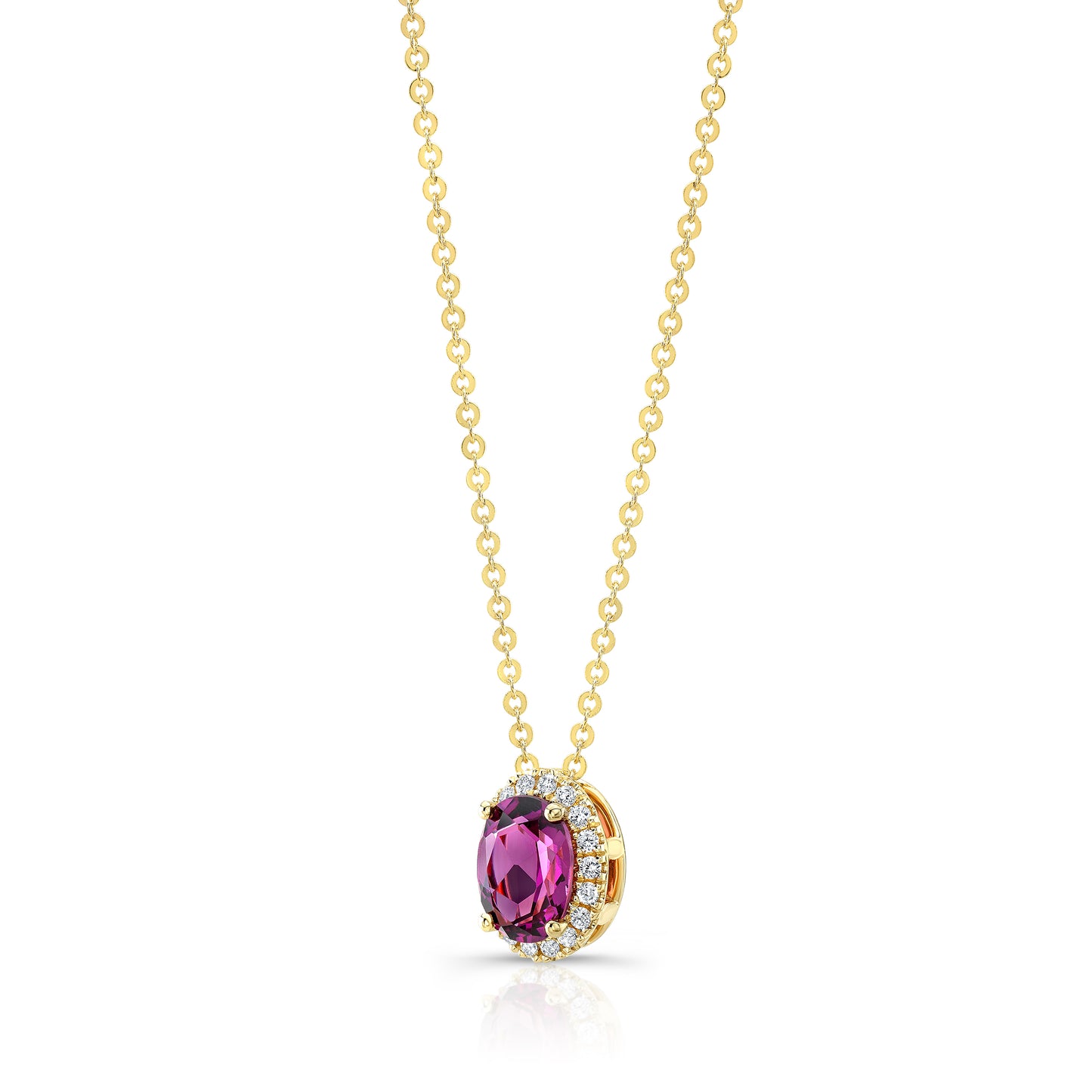 Rhodolite Garnet And Diamond Oval Halo Slide Pendant In 14k Yellow Gold (8x6mm Center)