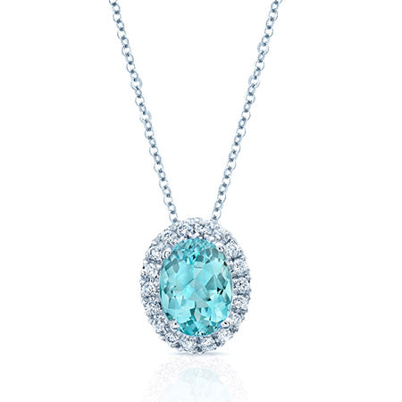 Aquamarine And Diamond Oval Halo Slide Pendant In 14k White Gold (8x6mm Center)