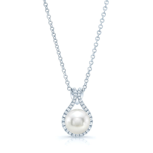 Fresh Water Pearl And Diamond Halo Pendnat In 14k White Gold