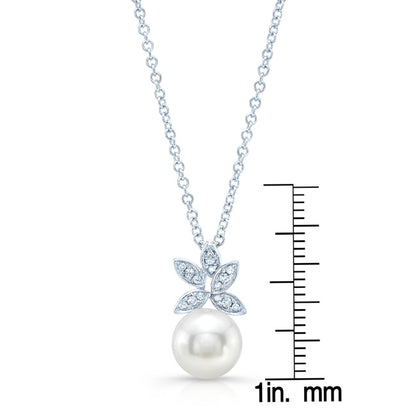 Fresh Water Pearl And Diamond Butterfly Pendant In 14k White Gold