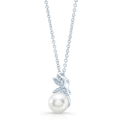 Fresh Water Pearl And Diamond Butterfly Pendant In 14k White Gold