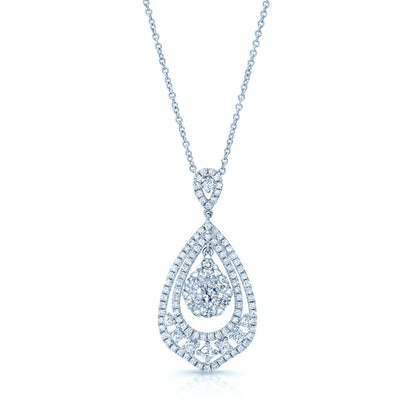 Diamond Open Teardrop Pendant With Cluster Center In 14k White Gold