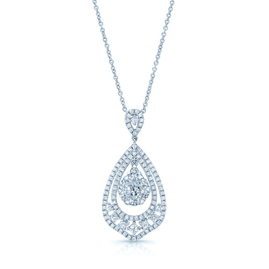 Diamond Open Teardrop Pendant With Cluster Center In 14k White Gold