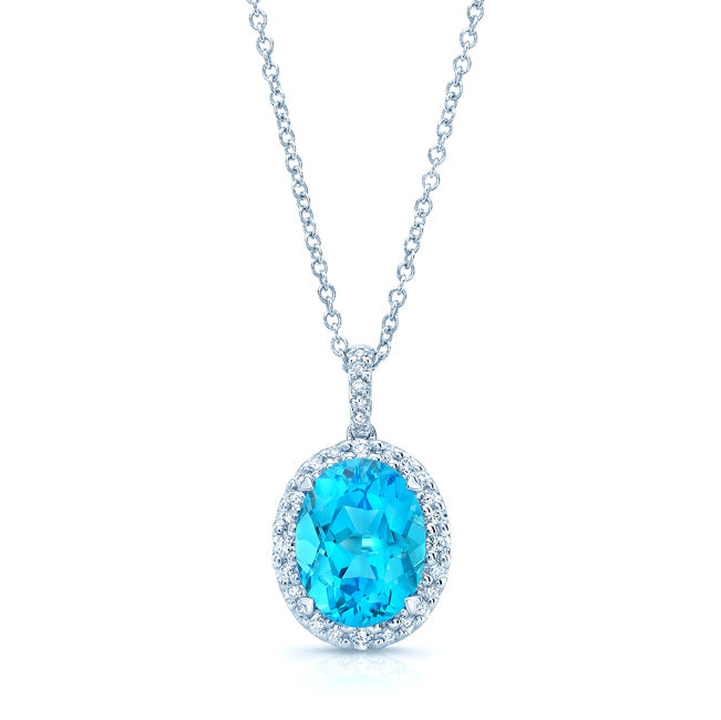 Blue Topaz And Diamond Oval Halo Pendant In 14k White Gold (10x8mm) (hi / Si )