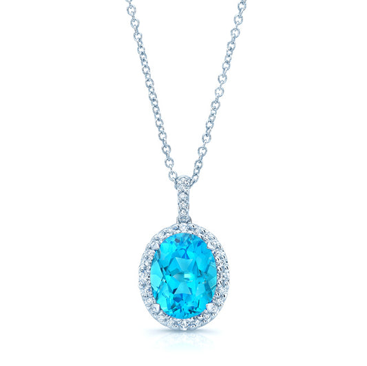 Blue Topaz And Diamond Oval Halo Pendant In 14k White Gold (10x8mm) (hi / Si )