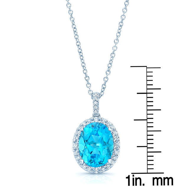 Blue Topaz And Diamond Oval Halo Pendant In 14k White Gold (10x8mm) (hi / Si )
