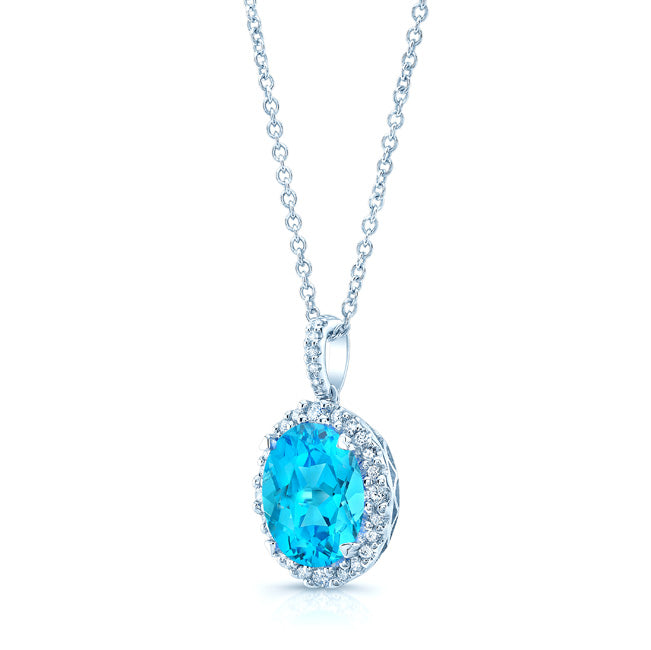Blue Topaz And Diamond Oval Halo Pendant In 14k White Gold (10x8mm) (hi / Si )