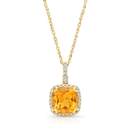 Citrine And Diamond Halo Cushion-cut Pendant In 14k Yellow Gold (9mm)