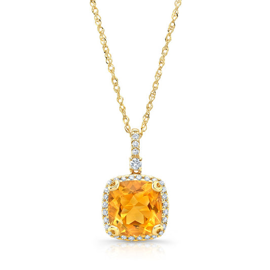 Citrine And Diamond Halo Cushion-cut Pendant In 14k Yellow Gold (9mm)