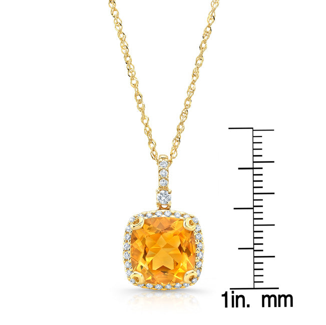Citrine And Diamond Halo Cushion-cut Pendant In 14k Yellow Gold (9mm)