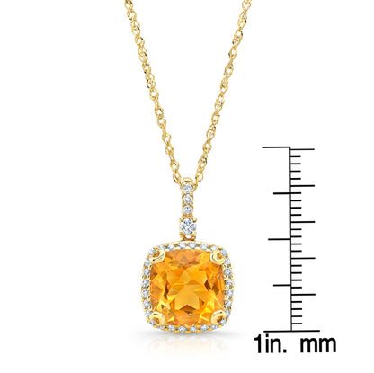 Citrine And Diamond Halo Cushion-cut Pendant In 14k Yellow Gold (9mm)